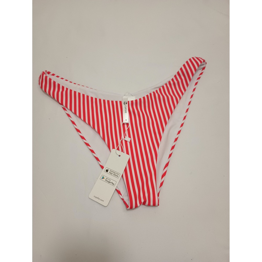 Cupshe Womens Red White Striped High Cut V Front Cheeky Bikini Swim Bottom S